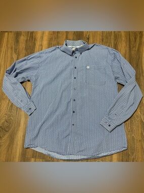 Cinch Men’s Blue Button Up Long Sleeve Shirt Retro Pattern Geometric XL